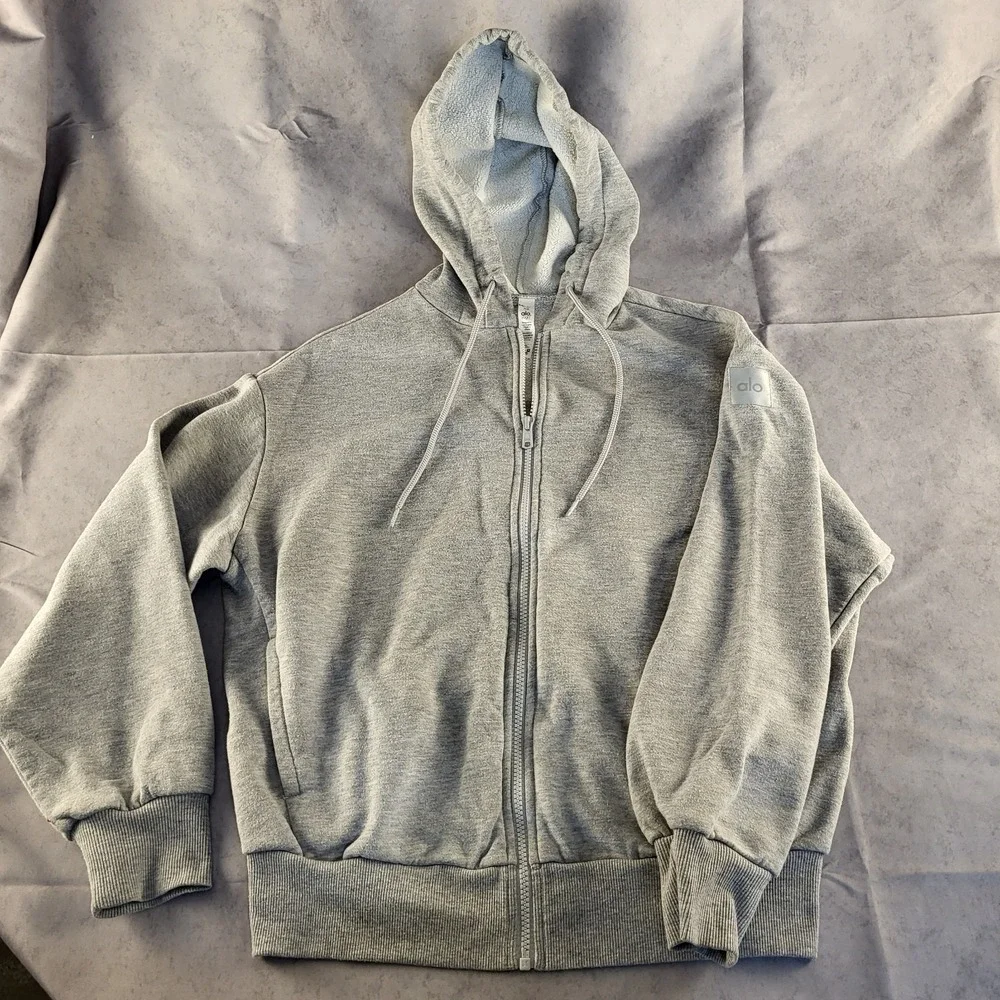 ALO Women's XS Full Zip Hoodie Heather Grey Boxy Oversized Fleece